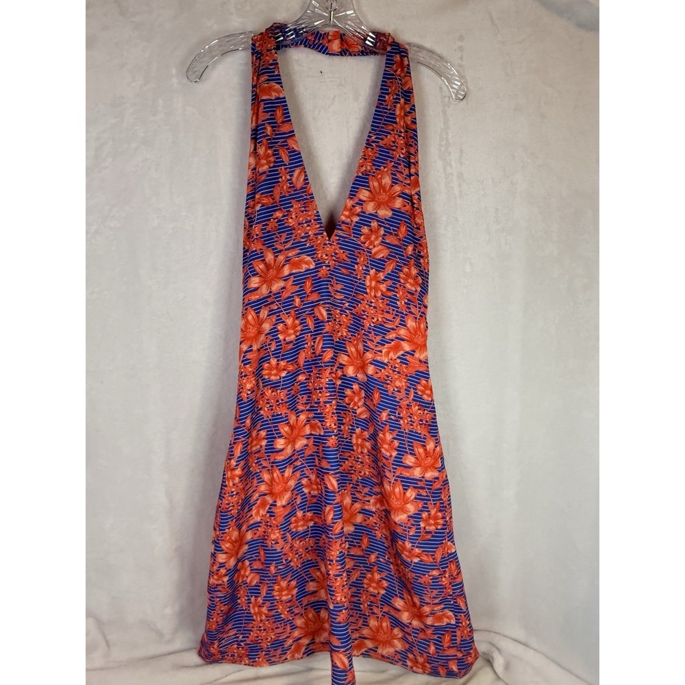 Belle‎ Badgley Mischka Floral Halter Sundress Dress Blue Coral Pink Resort Sz 10